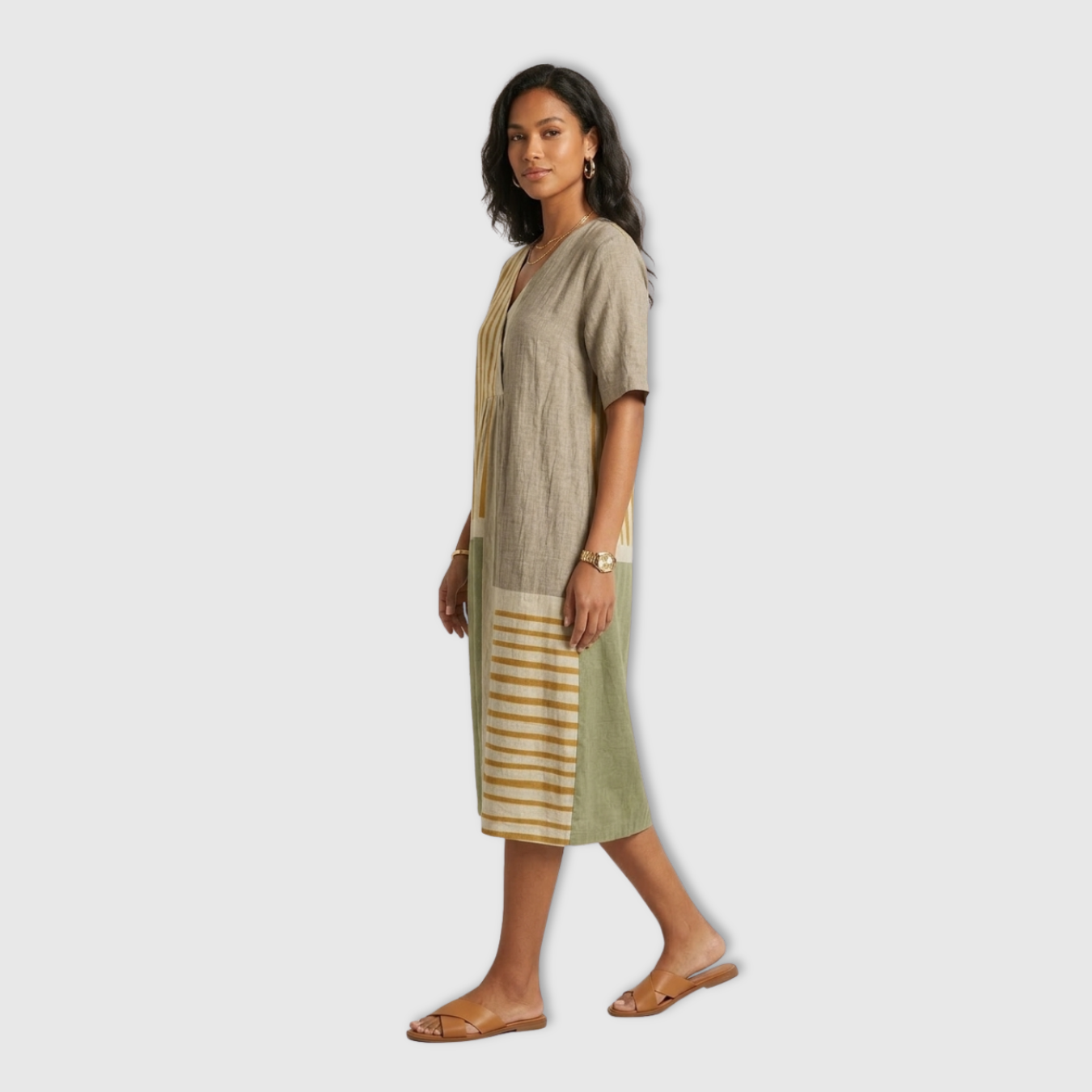 Robe Longue Femme Col en V Manches Courtes Coupe Fluide Taille Empire été