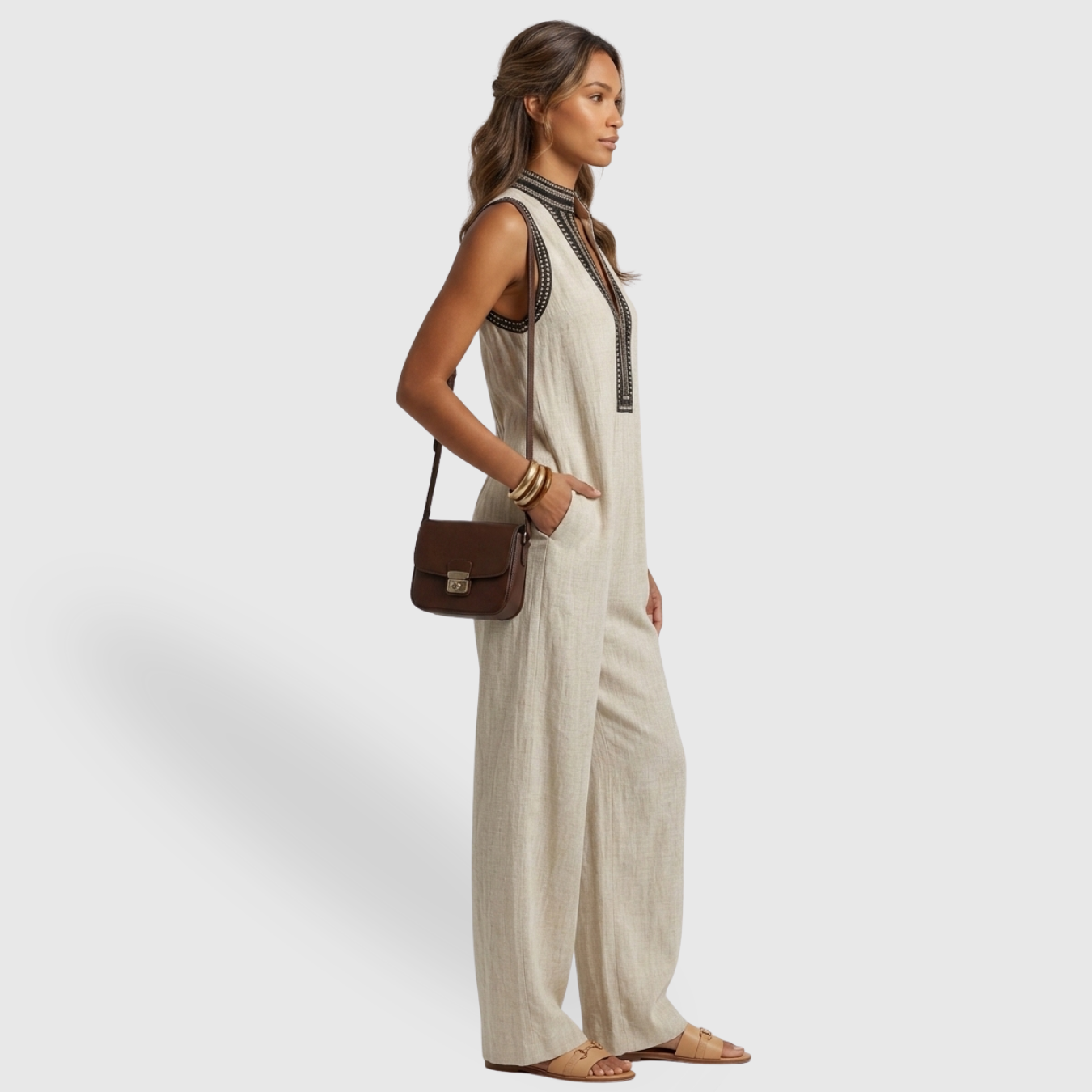 Combinaison femme sans manches mélange lin col montant zippé