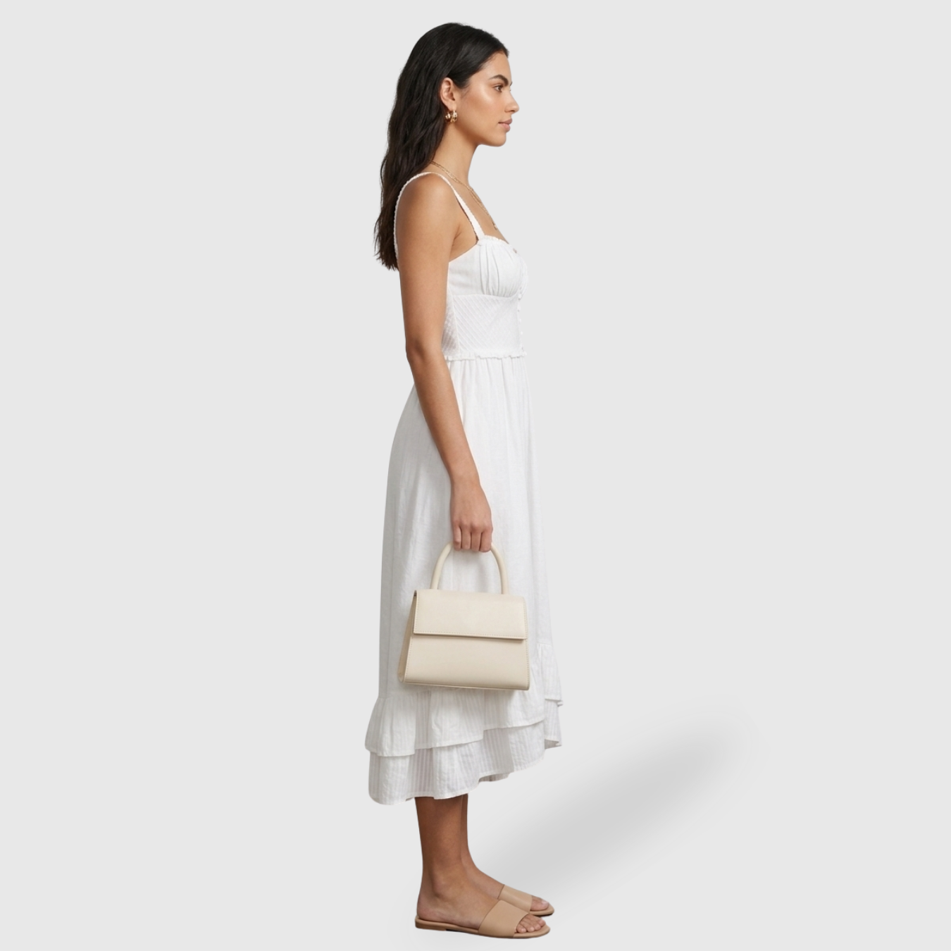 Robe midi femme à bretelles volantée coupe fluide été