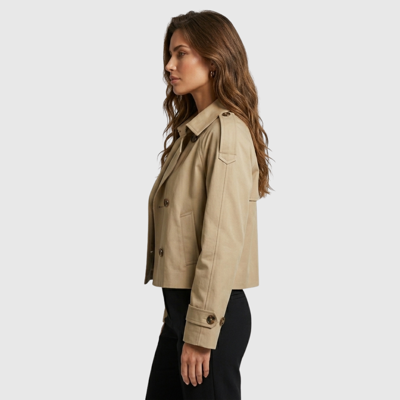Trench court femme boutonné coupe droite col montant