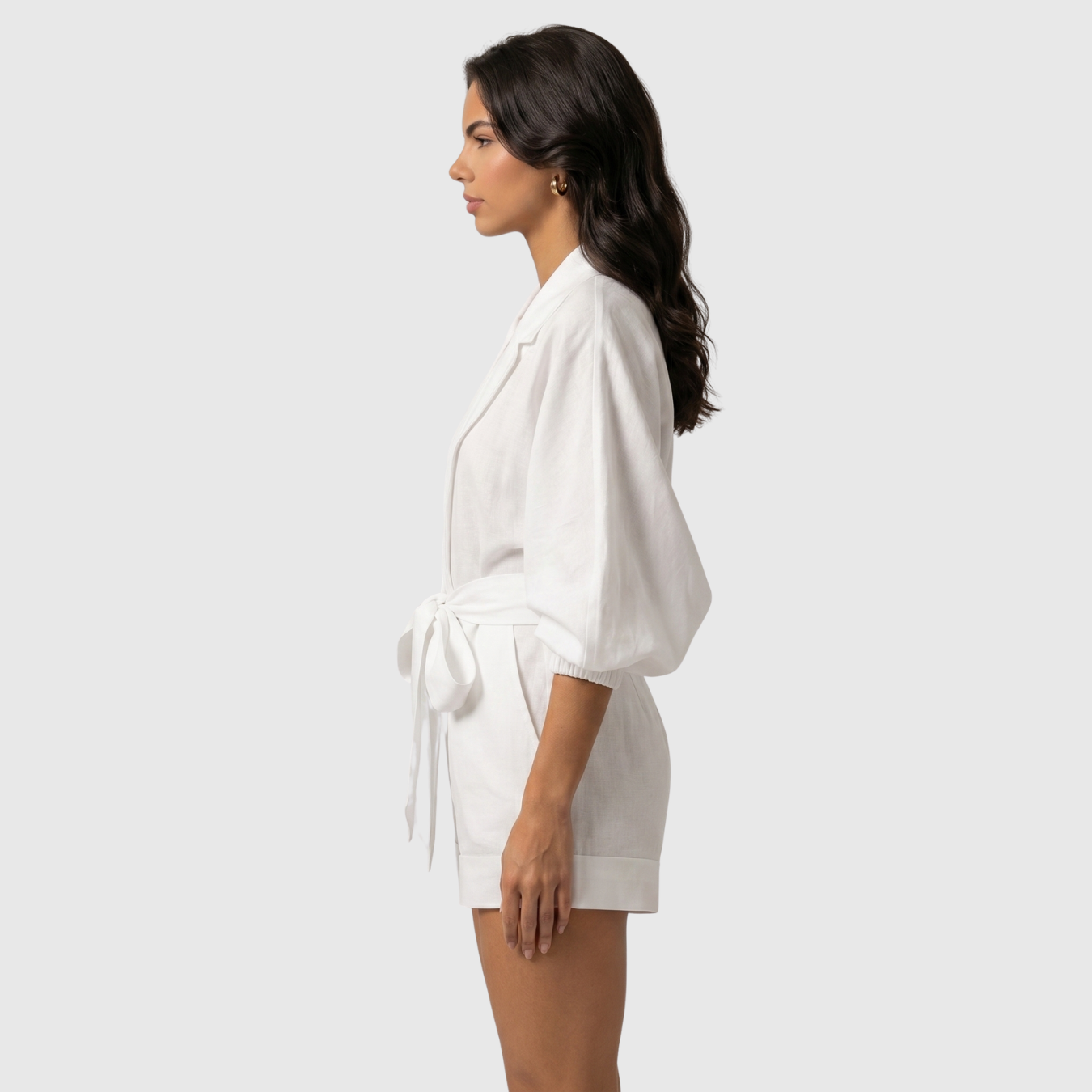 Combinaison short femme coton lin ceinturée manches longues