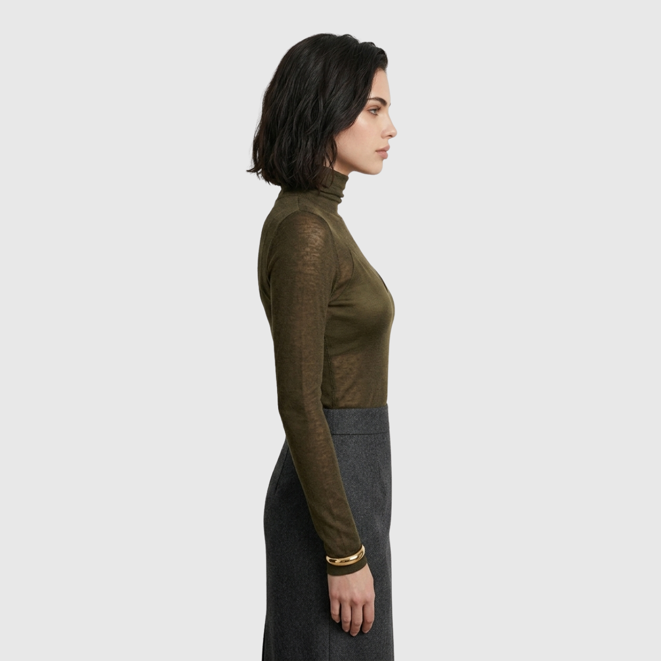 Pull col roulé femme laine mélangée maille fine transparente