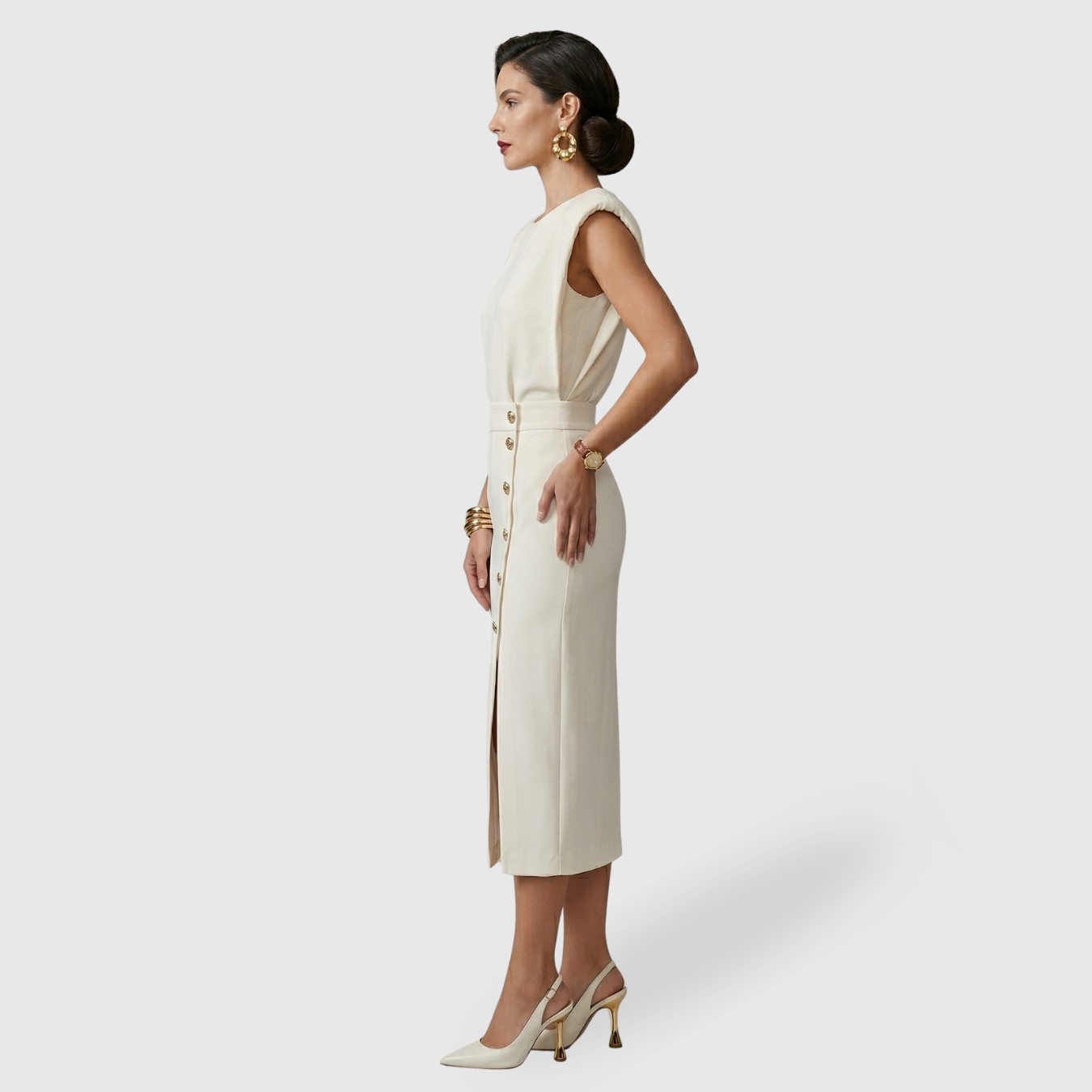 Robe midi femme sans manches ceinturée fente avant fermeture boutonnée
