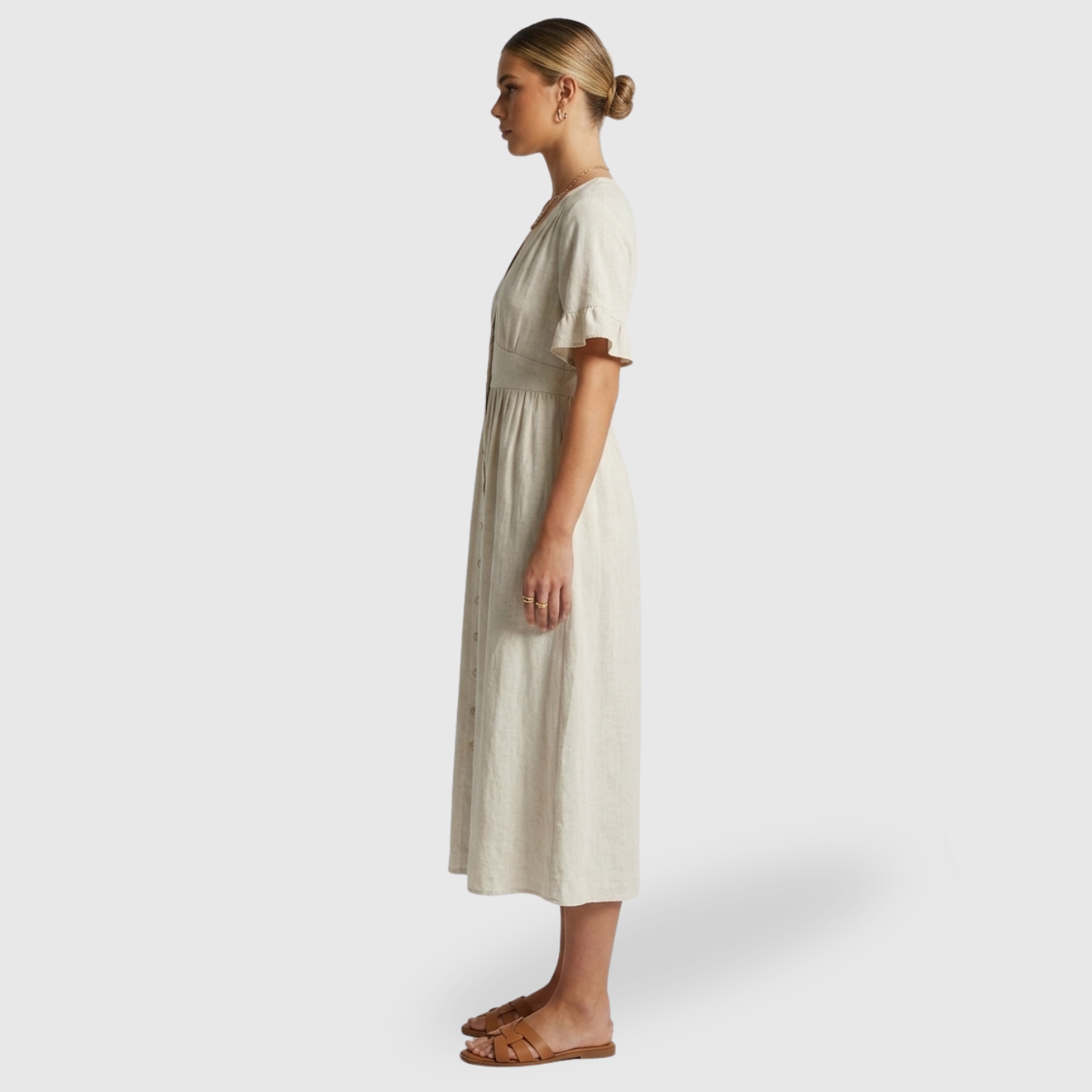 Robe midi femme boutonnée col V manches courtes