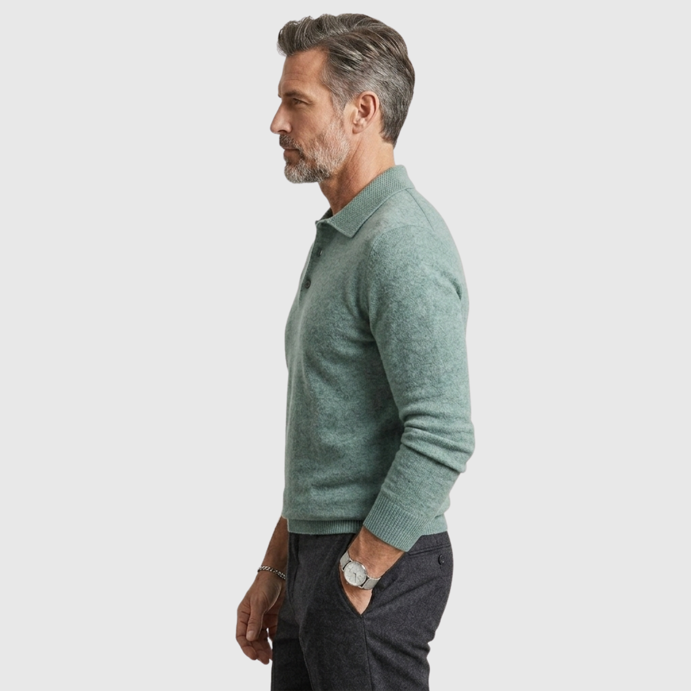 Pull homme laine mérinos col polo boutonné manches longues coupe droite