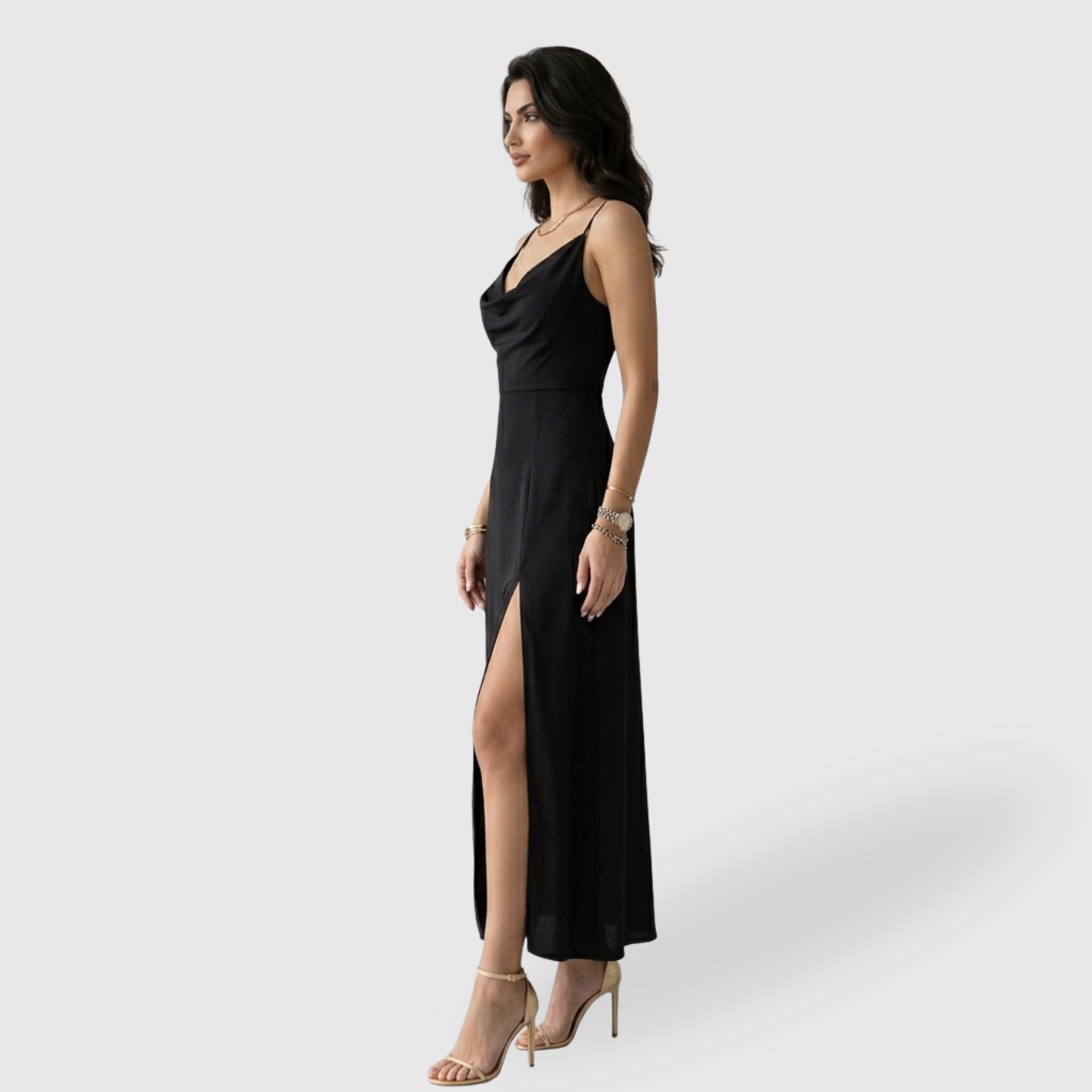 Robe longue femme col V fines bretelles fente jambe coupe ajustée