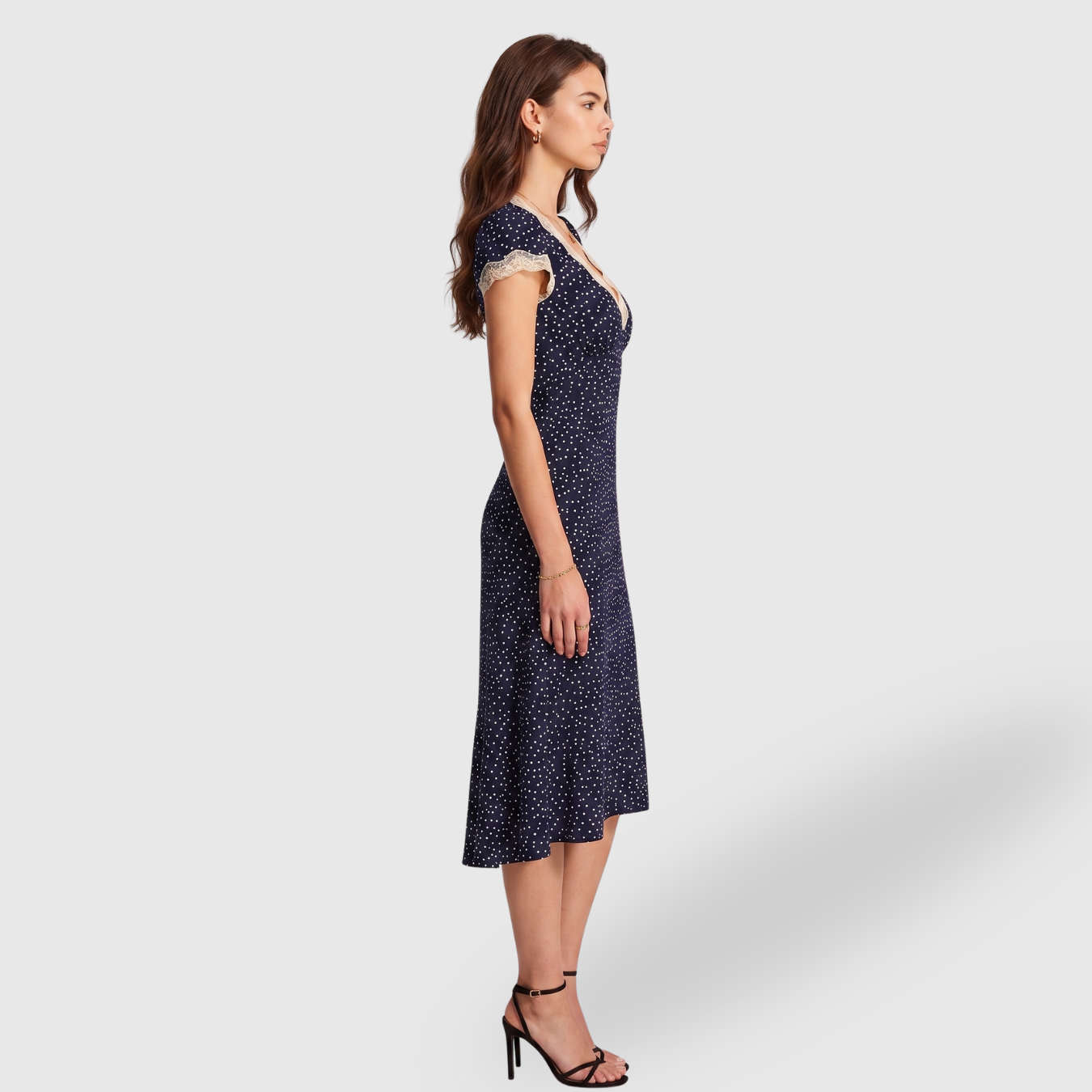 Robe midi femme à pois col V dentelle manches courtes ajustée