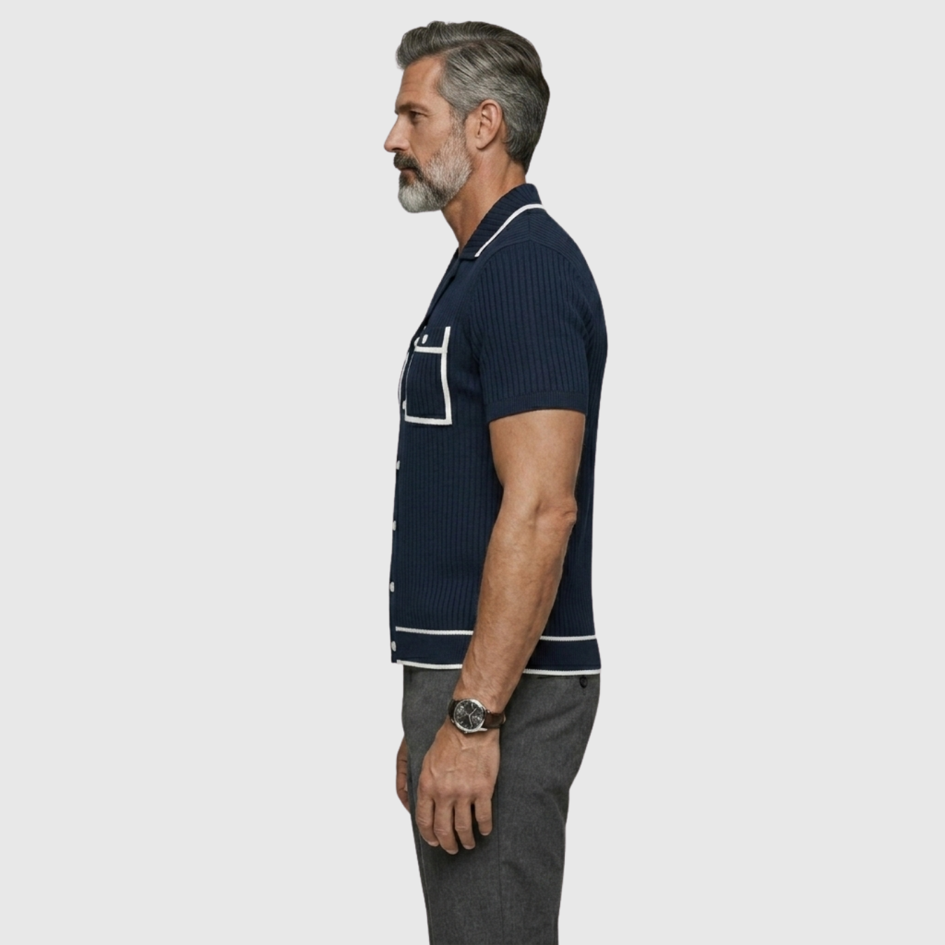 Chemise homme maille côtelée manches courtes col cubain