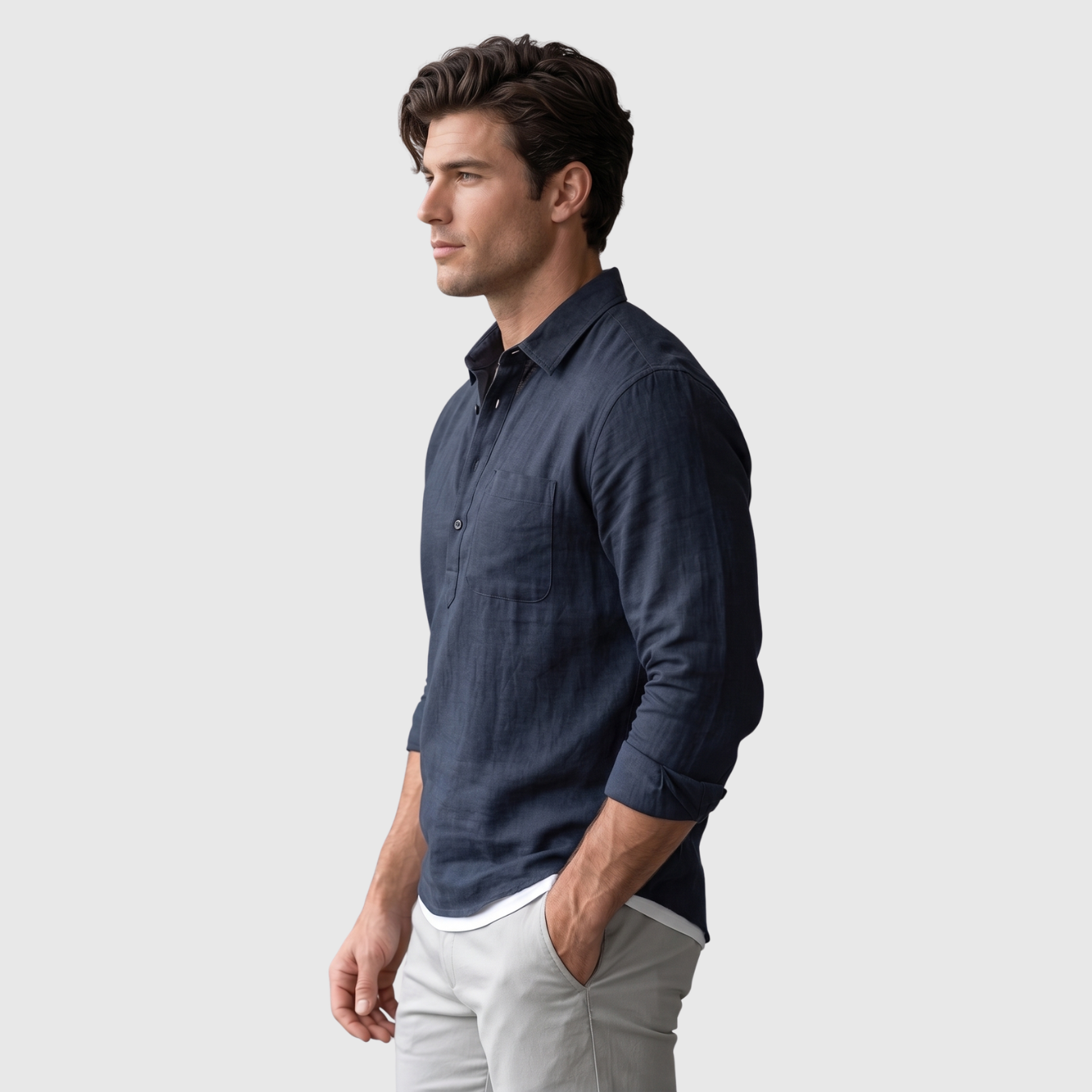 Chemise homme coton lin col polo manches longues coupe décontractée