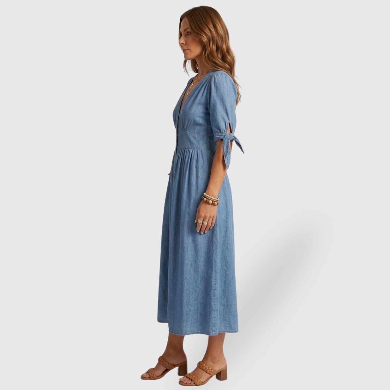 Robe longue en jean femme boutonnée col V manches 3/4 coupe évasée