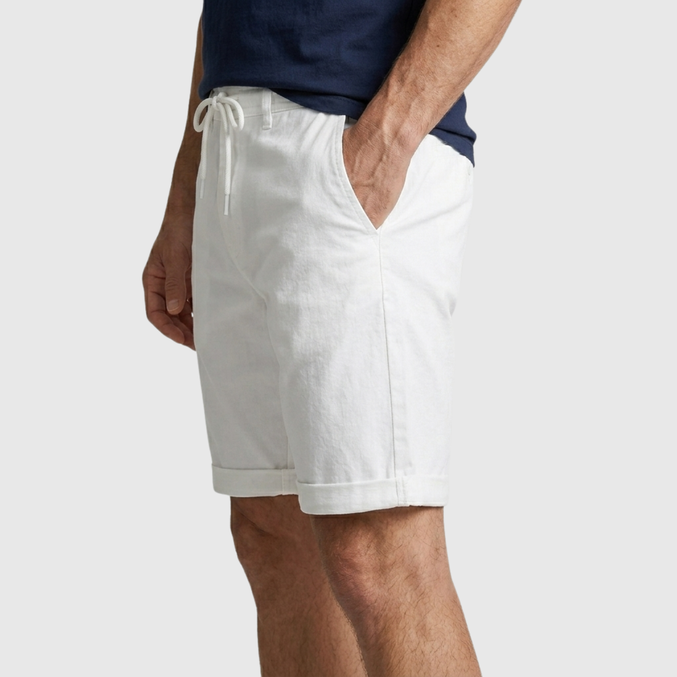 Short homme lin taille élastique à cordon coupe droite