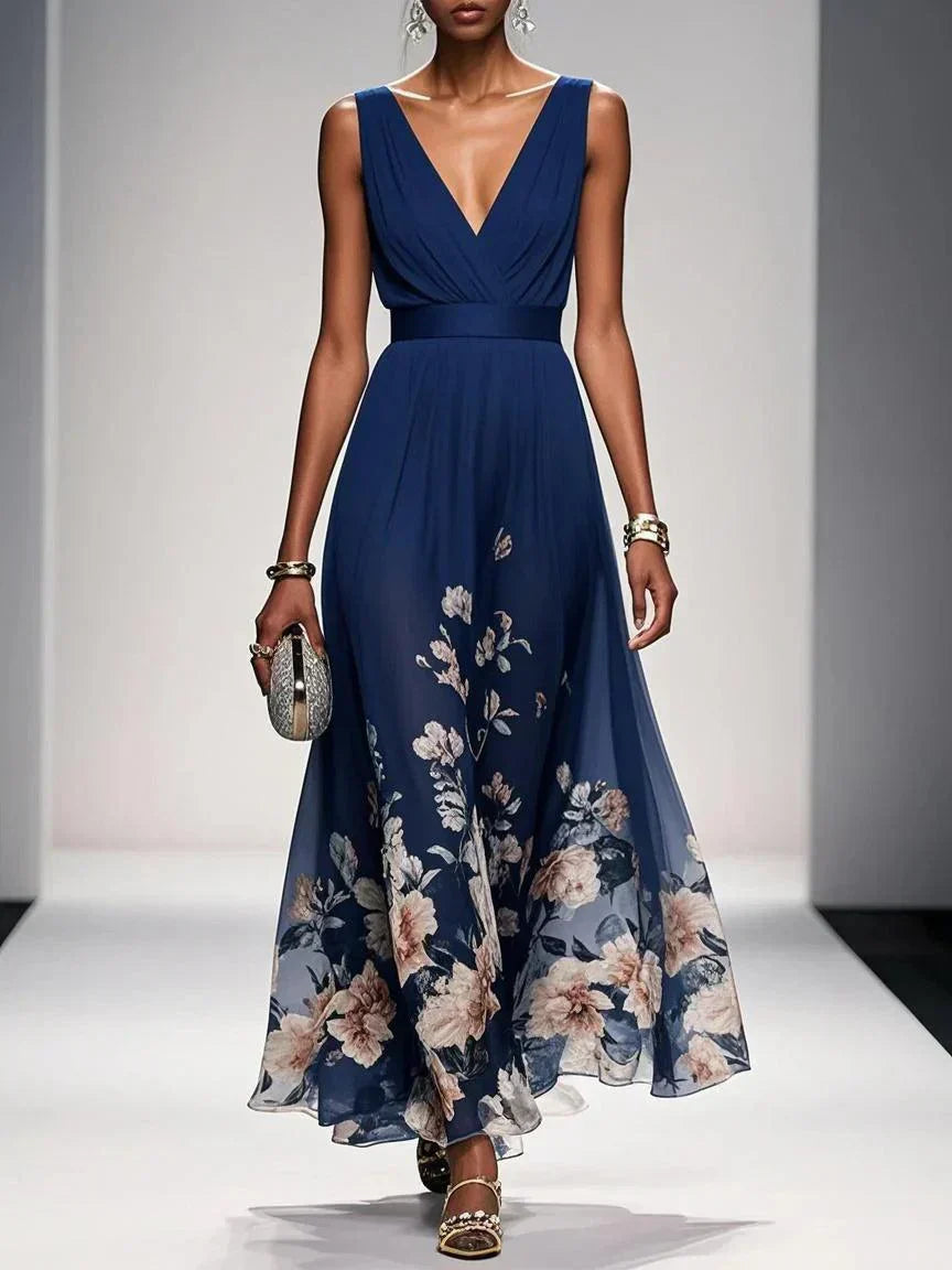 Robe Longue Femme Imprimée Fleurie Col V Cérémonie Mariage