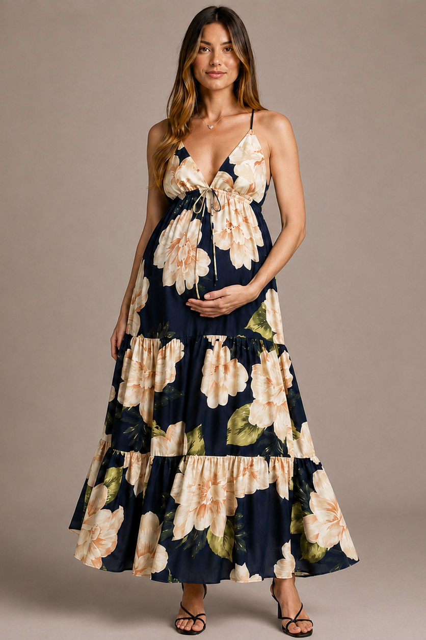 Robe longue maternité fleurie col V dos ouvert grossesse