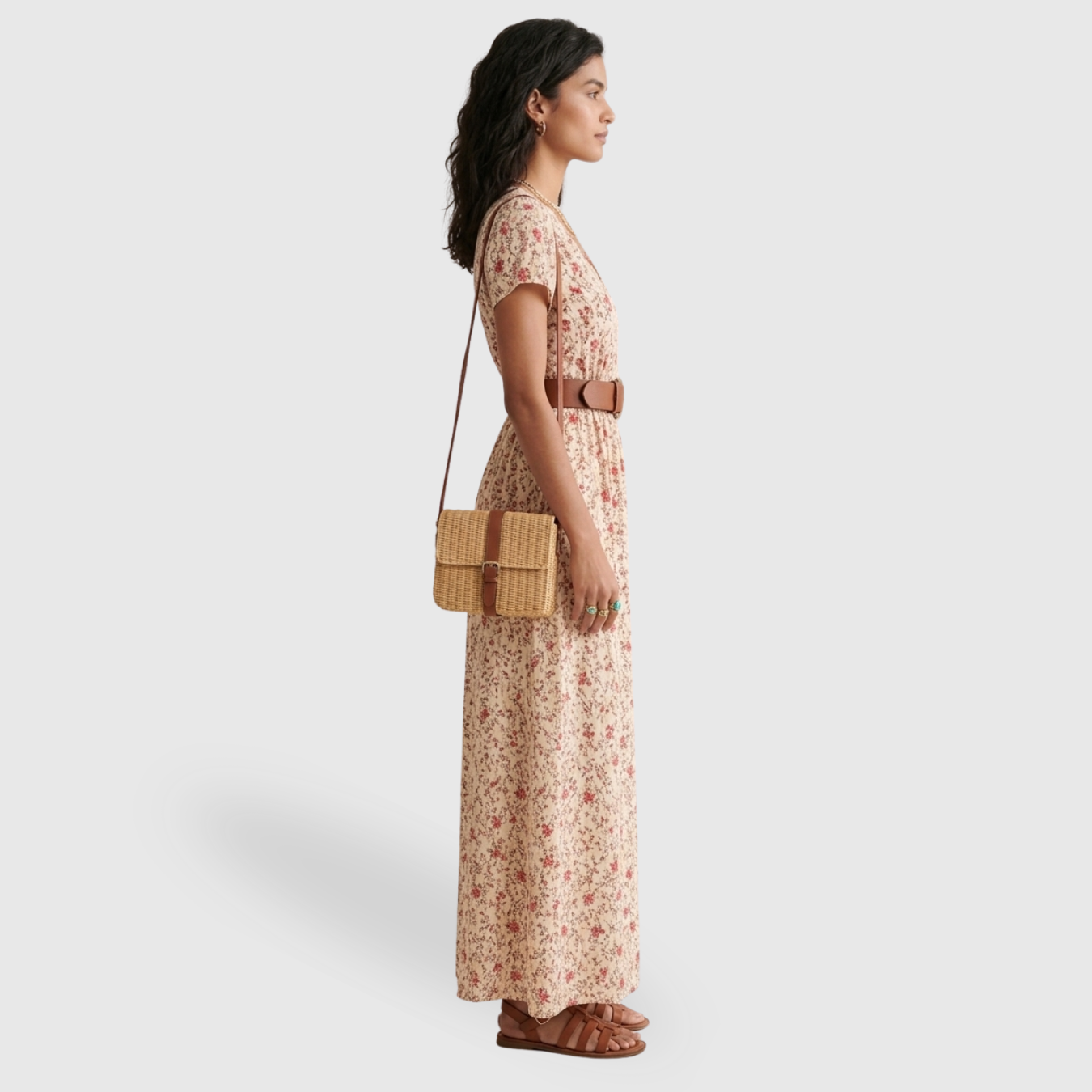 Robe longue femme bohème manches courtes col en V coupe fluide été