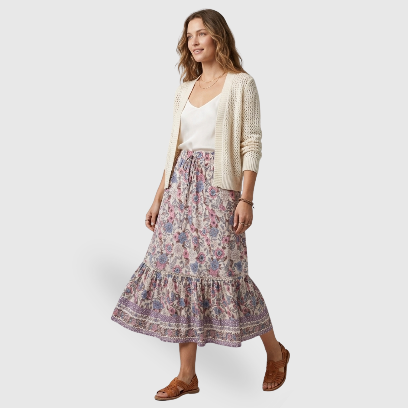 Jupe longue femme imprimée florale taille haute coupe fluide