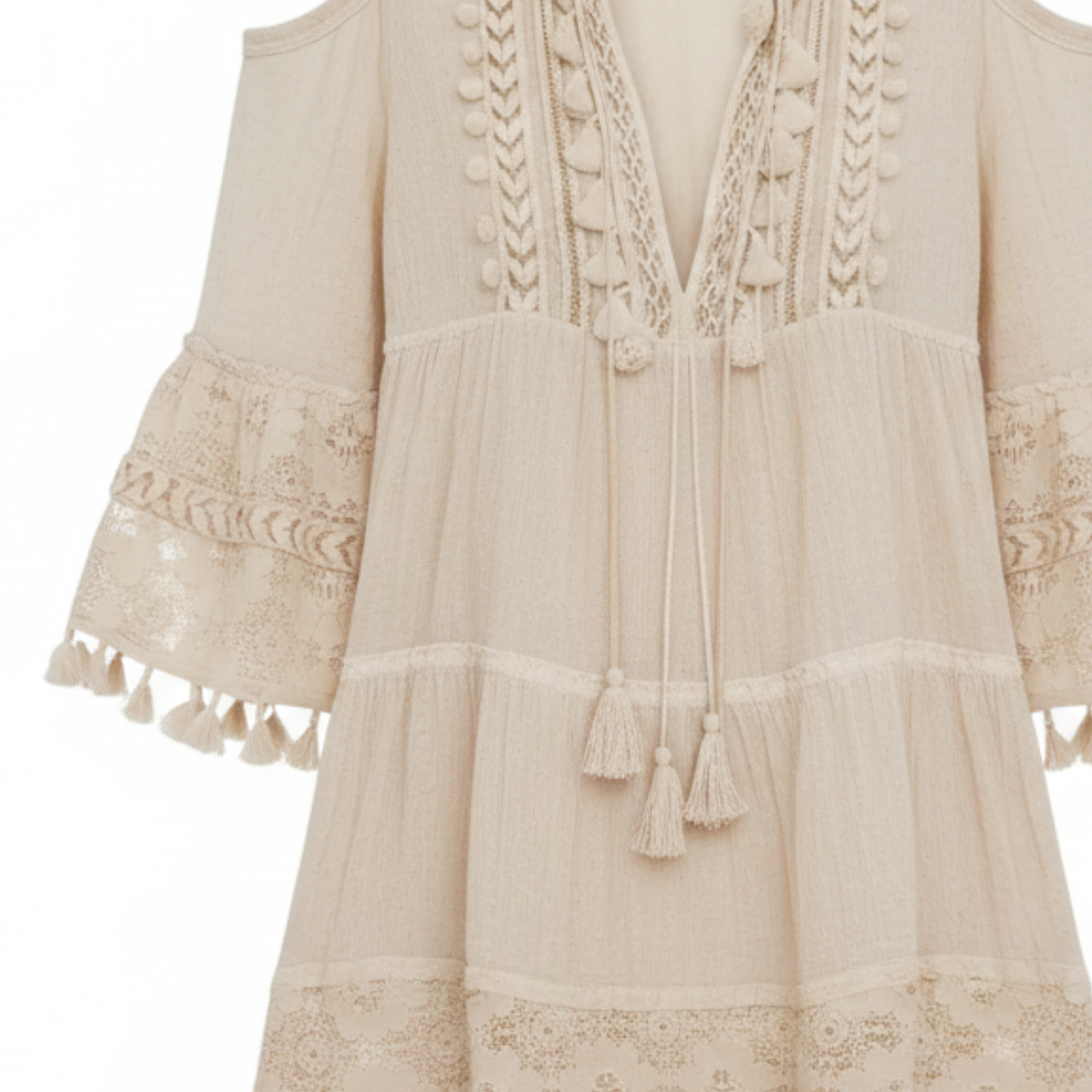 Robe bohème courte femme coton brodé manches évasées coupe ample