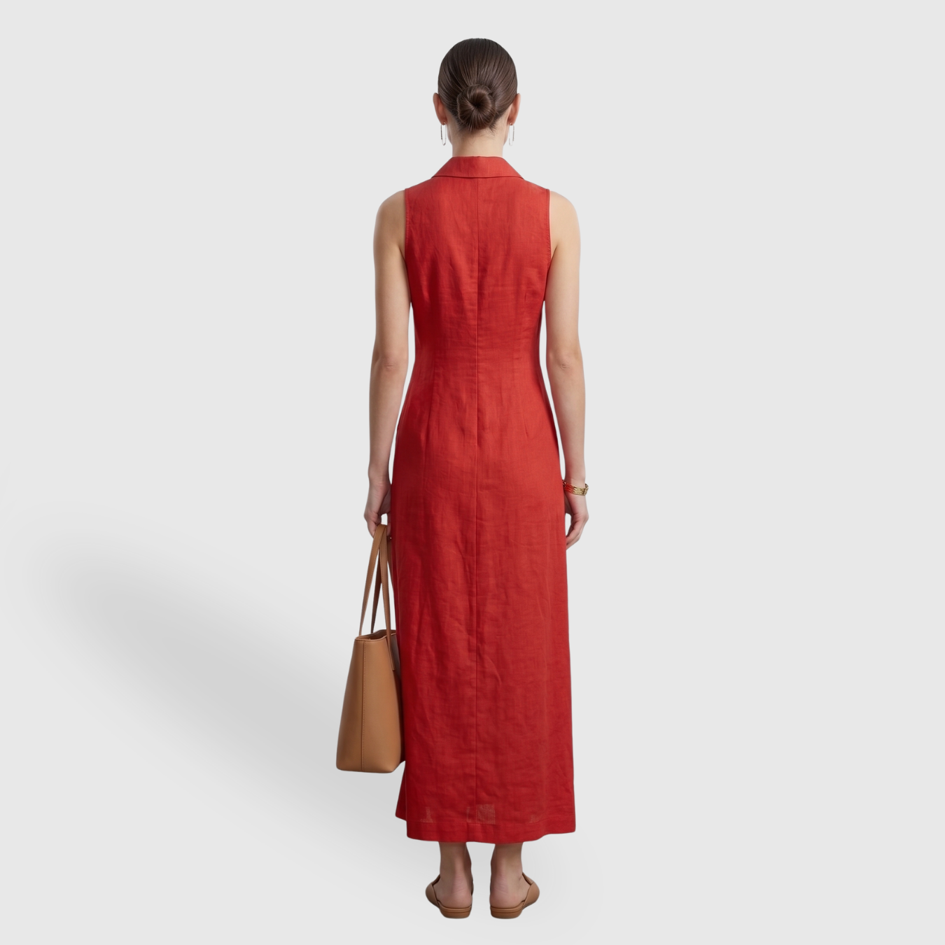 Robe chemise longue femme sans manches mélange lin boutonnée