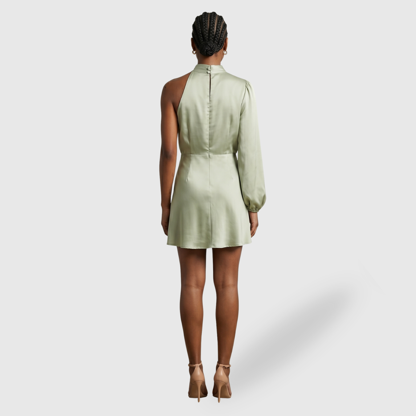 Robe satinée asymétrique femme une épaule manches longues courte