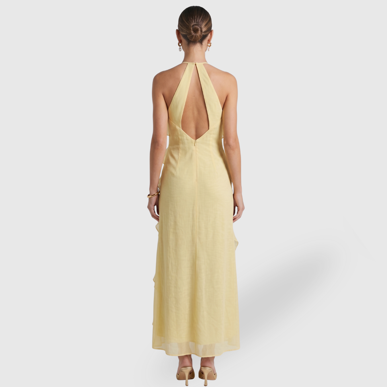 Robe longue femme dos nu à volants coupe fluide col halter