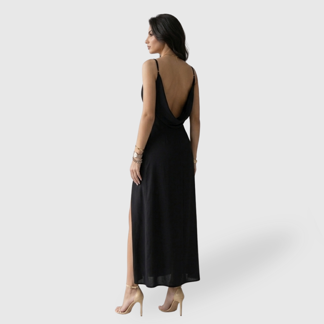 Robe longue femme col V fines bretelles fente jambe coupe ajustée