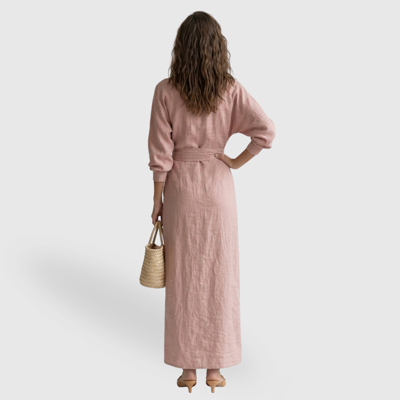 Robe longue femme mélange lin col V drapée manches longues