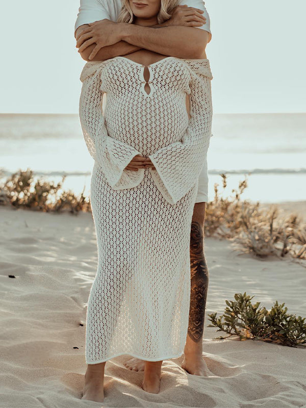 Robe Maxi Maternité Plage Dos Nu Découpes Manches Évasées