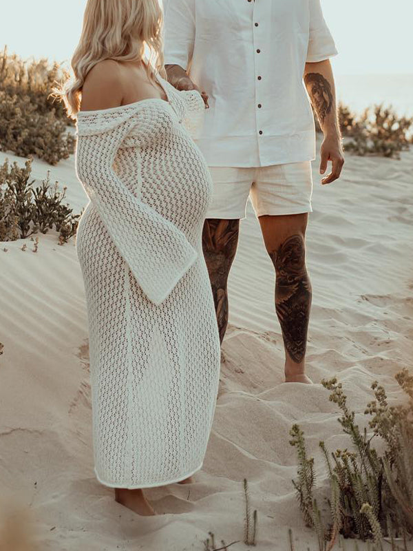Robe Maxi Maternité Plage Dos Nu Découpes Manches Évasées