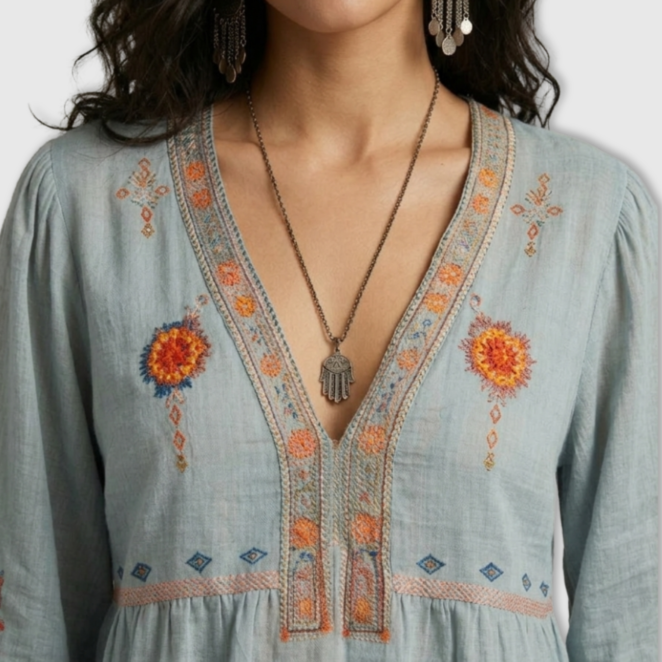 Blouse Femme Bohème Brodée Manches Longues col Tunisien Coupe Ample été