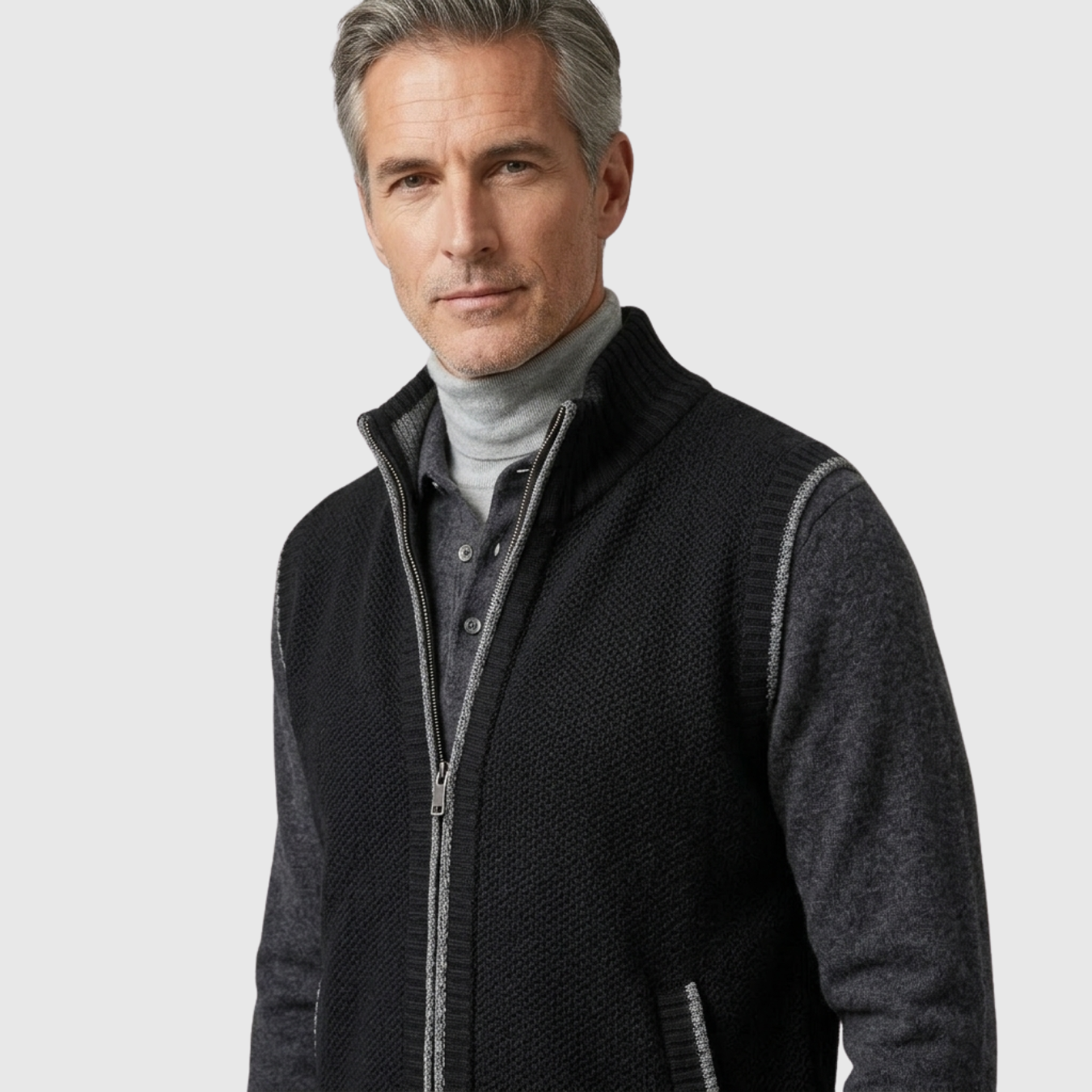 Gilet homme zippé sans manches col montant coupe ajustée tricot