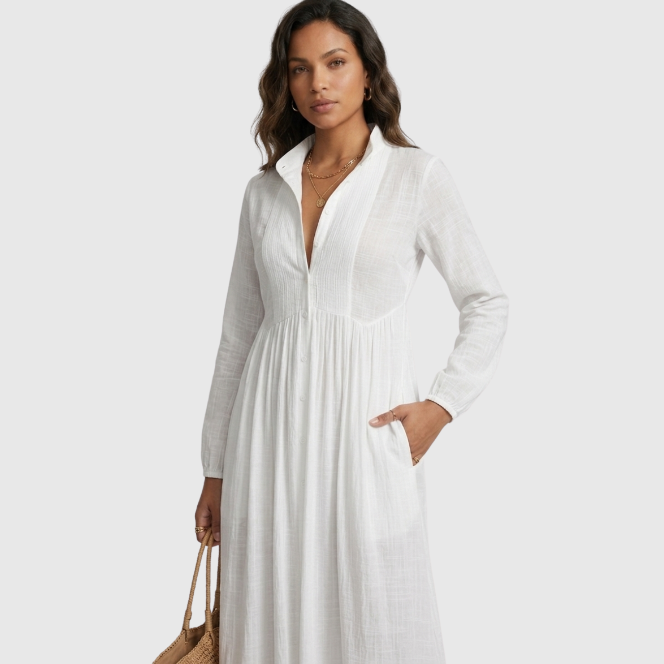 Robe longue femme coton lin col montant manches longues