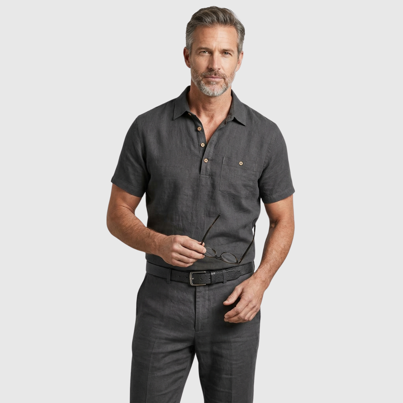 Polo homme en lin manches courtes col boutonné coupe décontractée été