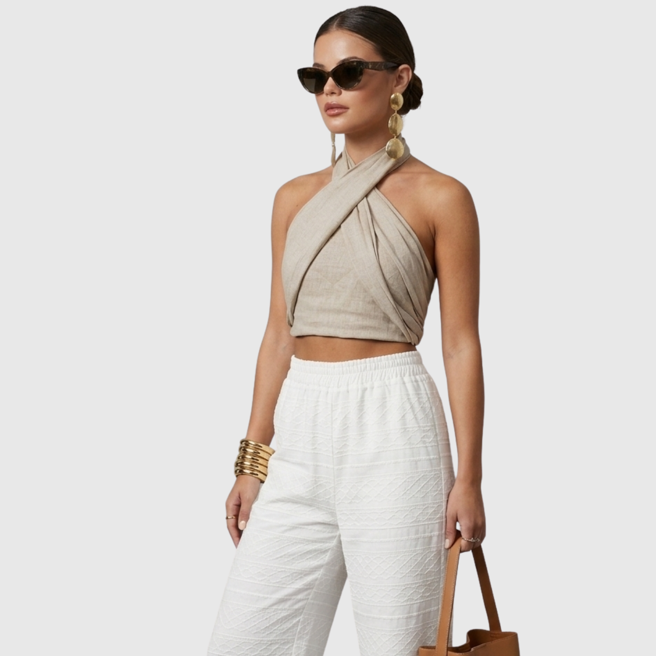 Top femme dos nu coton lin col halter croisé sans manches