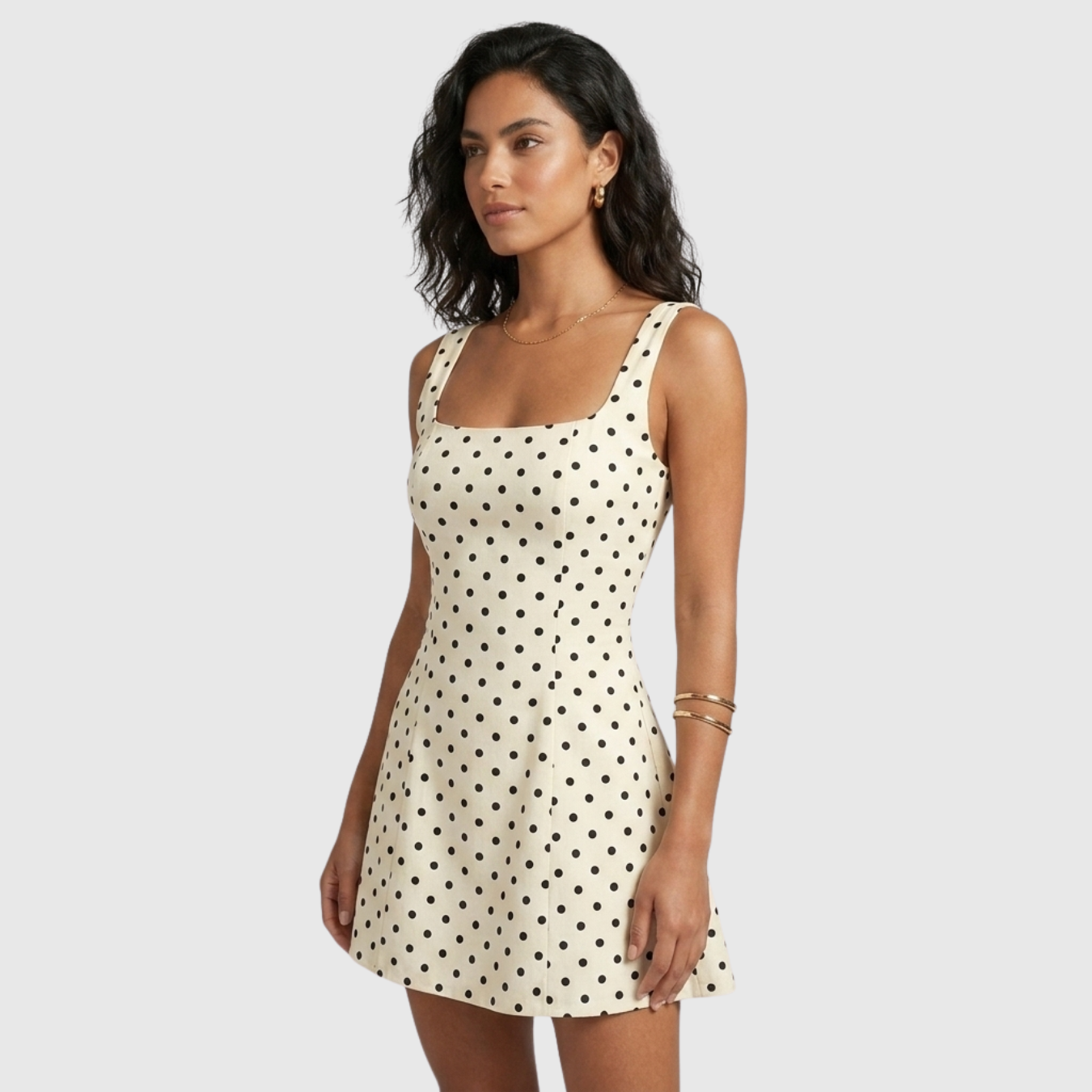 Robe courte femme à pois col carré sans manches coupe évasée