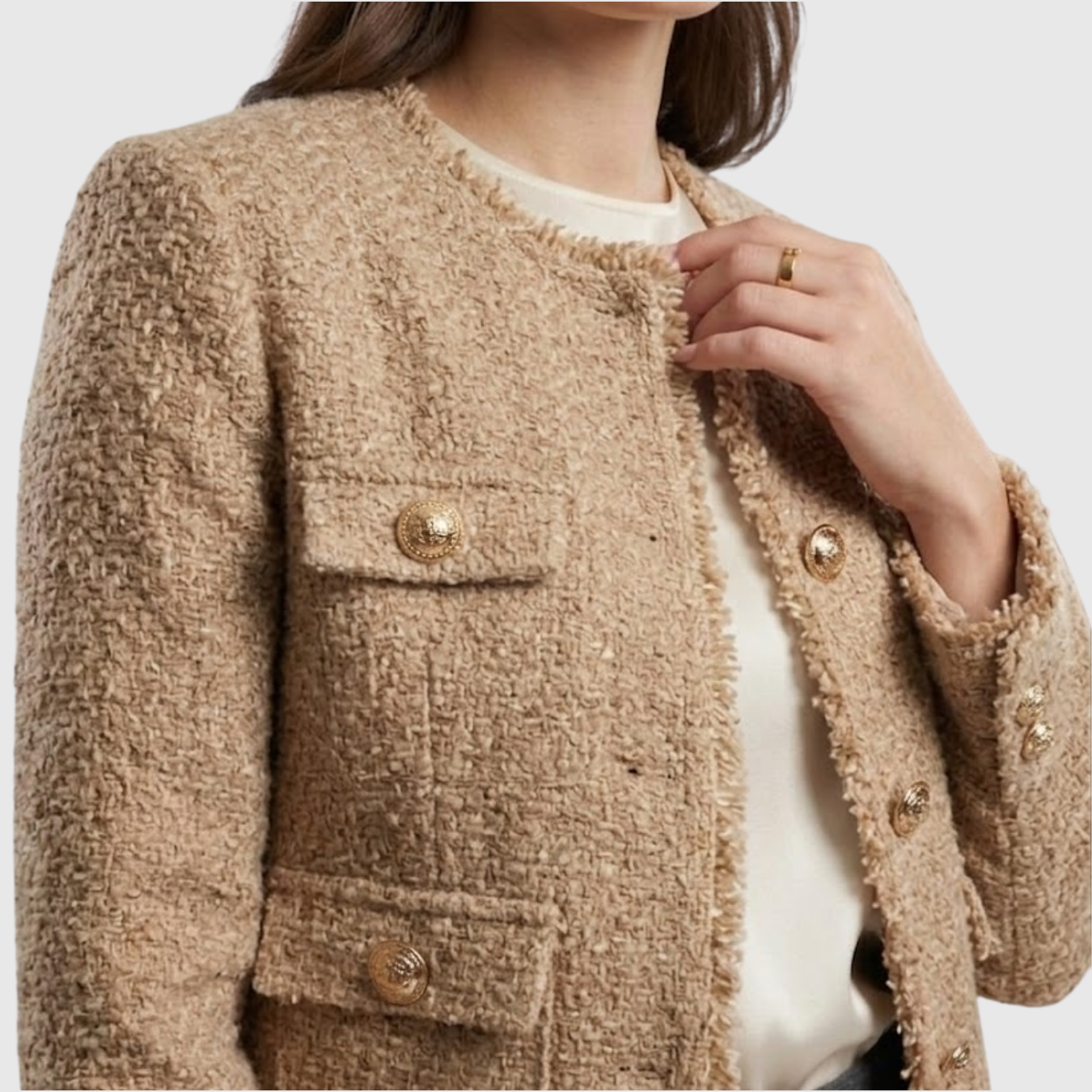 Veste femme tweed cintrée boutonnée col rond manches longues