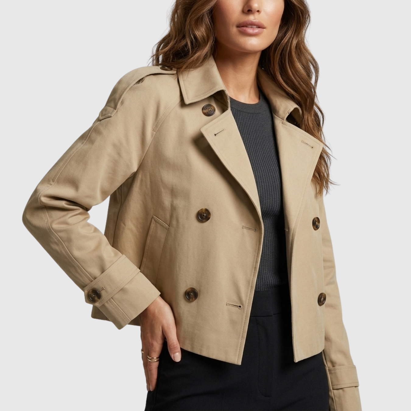 Trench court femme boutonné coupe droite col montant