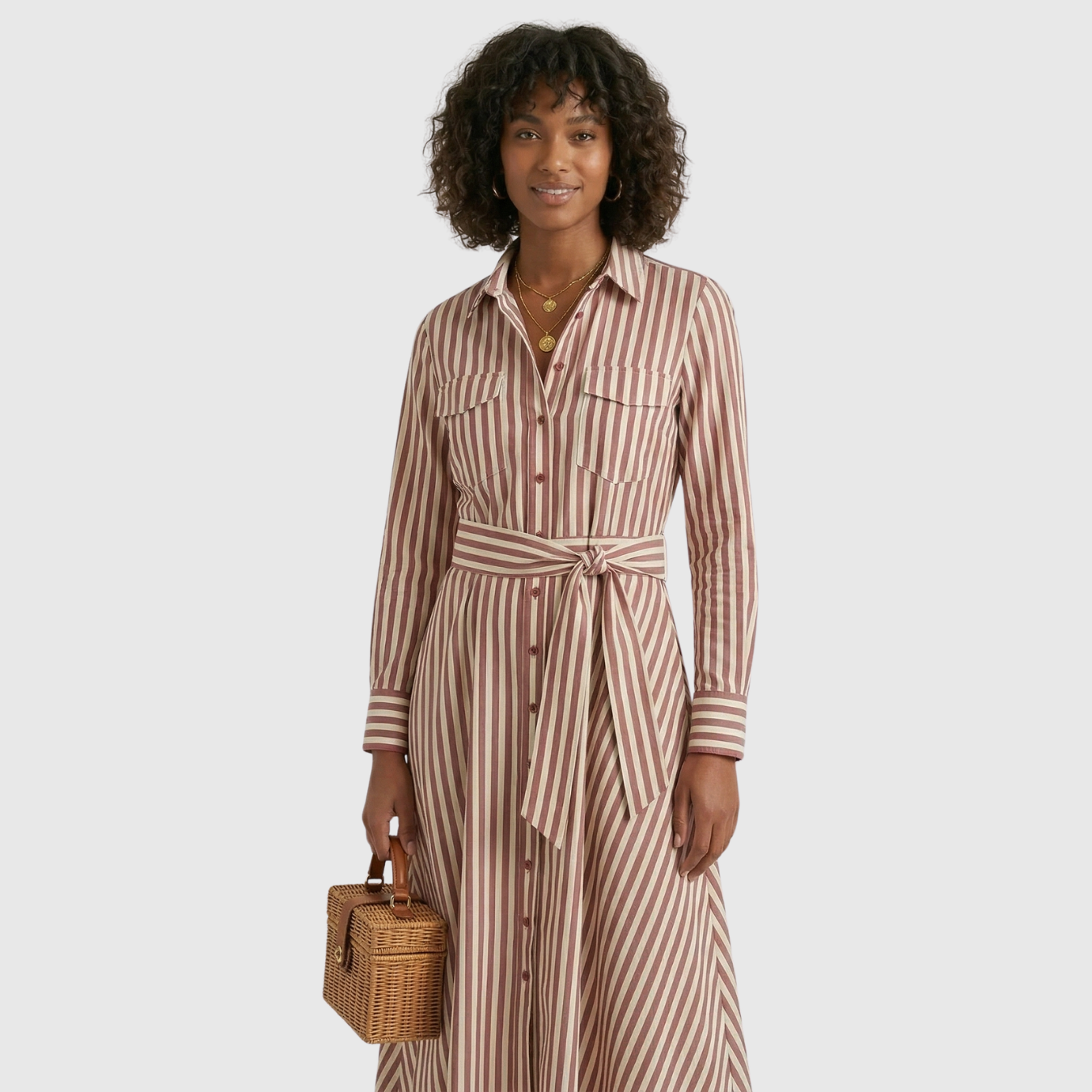 Robe chemise femme à rayures manches longues ceinturée col boutonné coupe fluide