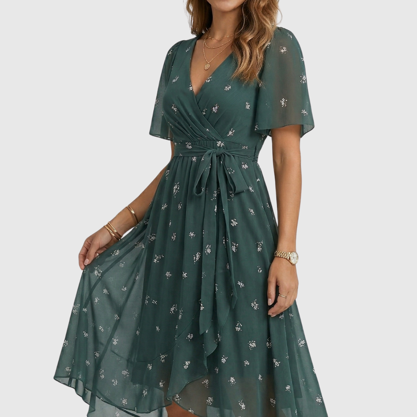 Robe midi femme fleurie col V manches courtes coupe évasée