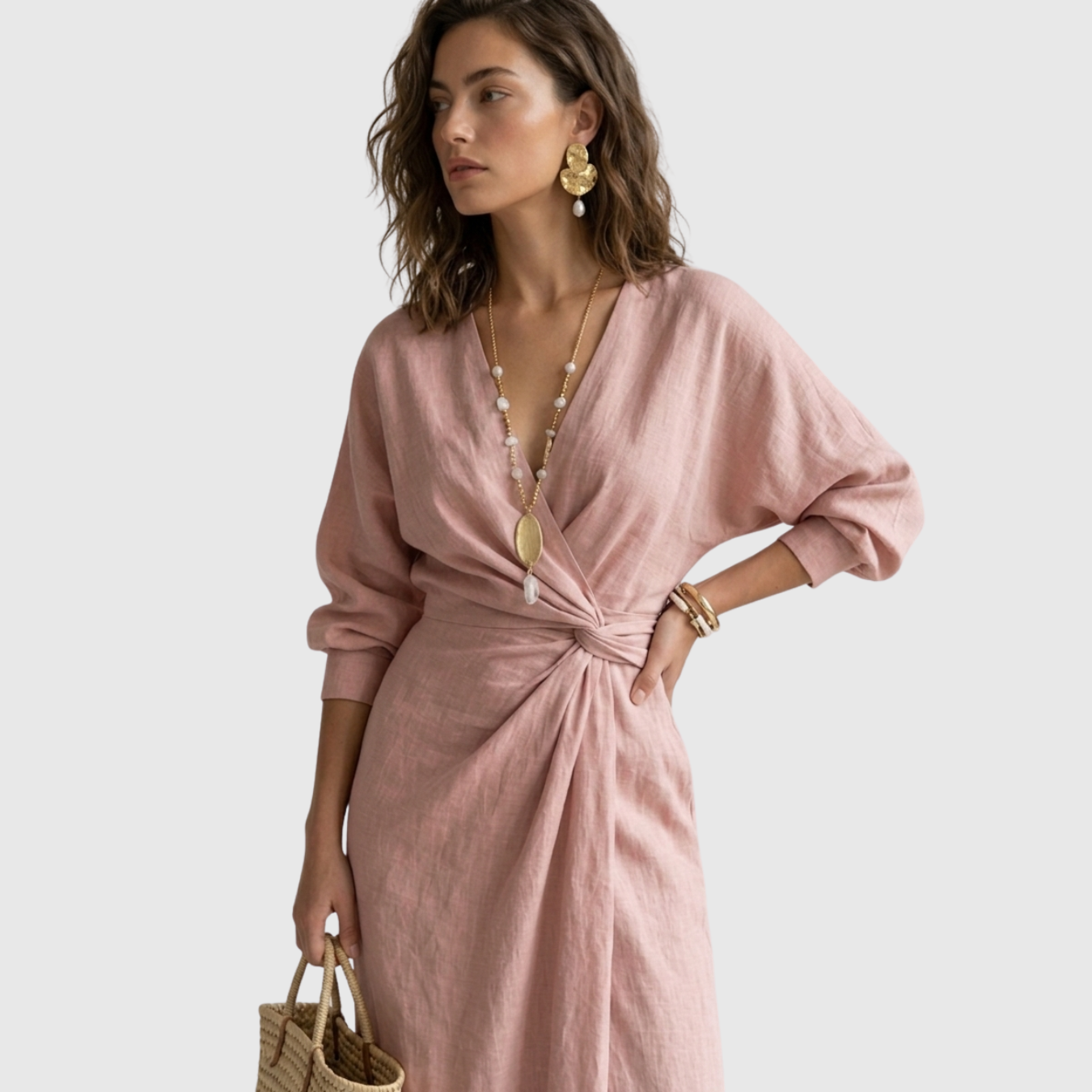 Robe longue femme mélange lin col V drapée manches longues