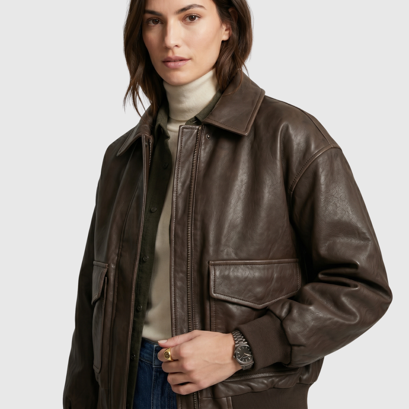 Veste femme oversize similicuir zippée ourlet côtelé poches