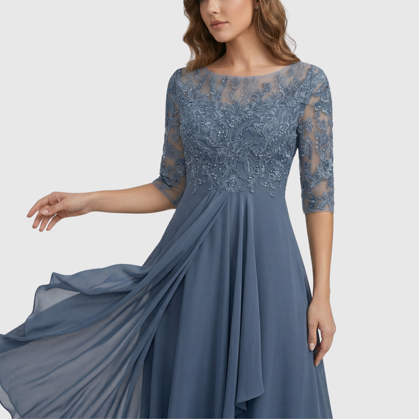 Robe midi femme brodée manches courtes transparentes coupe évasée