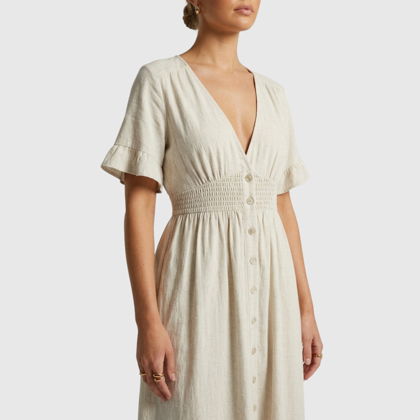 Robe midi femme boutonnée col V manches courtes