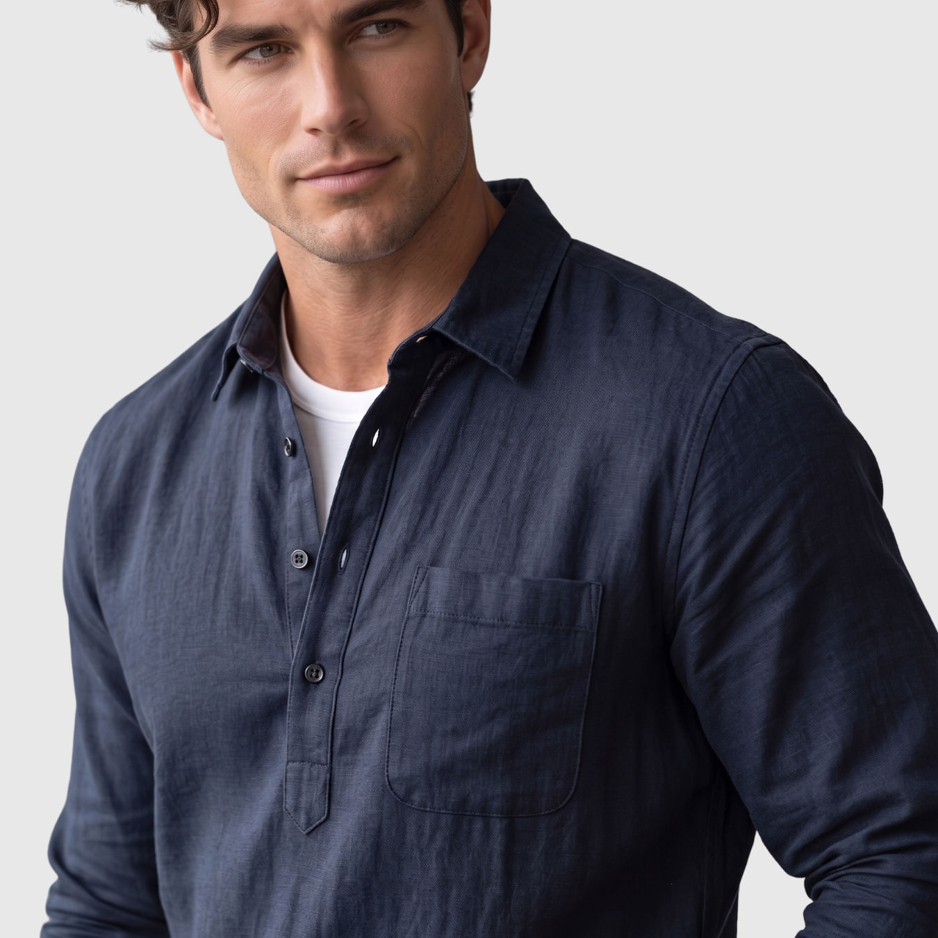 Chemise homme coton lin col polo manches longues coupe décontractée