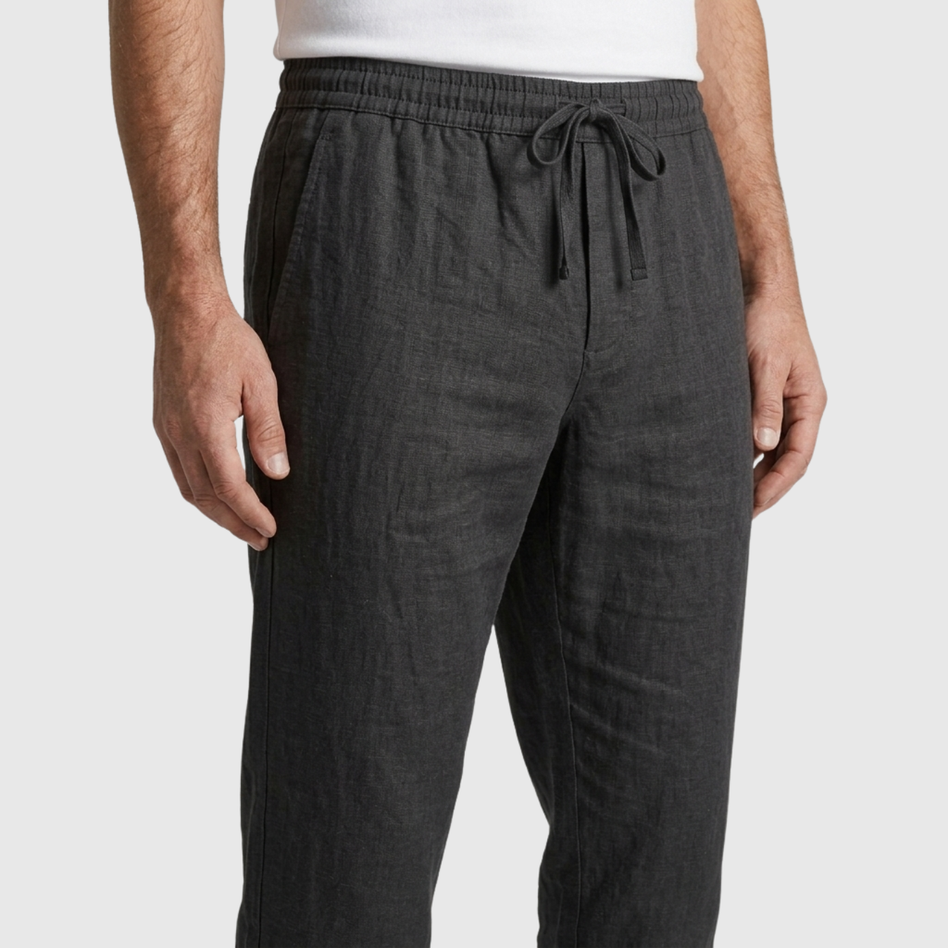 Pantalon homme coton lin taille élastique avec cordon coupe droite