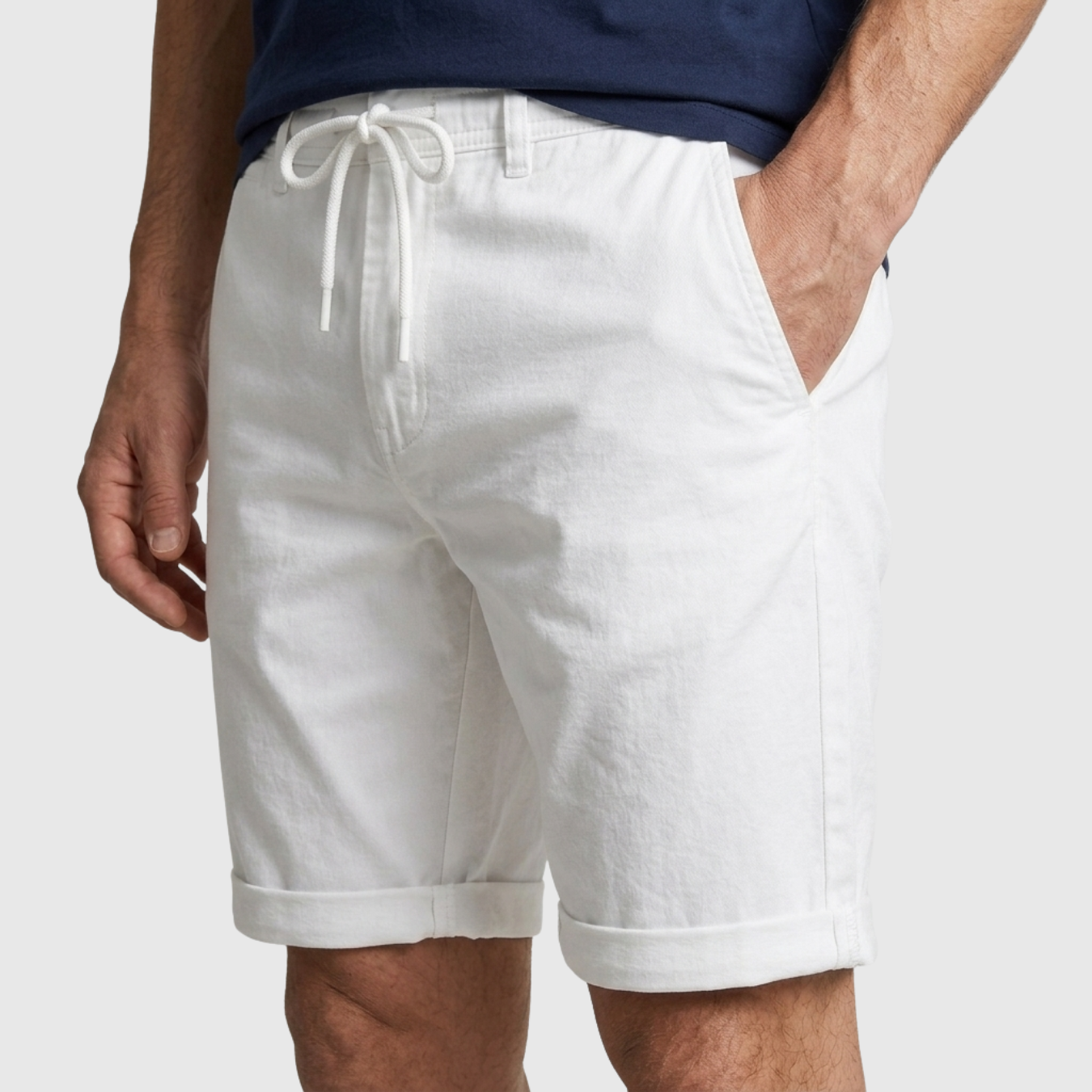 Short homme lin taille élastique à cordon coupe droite