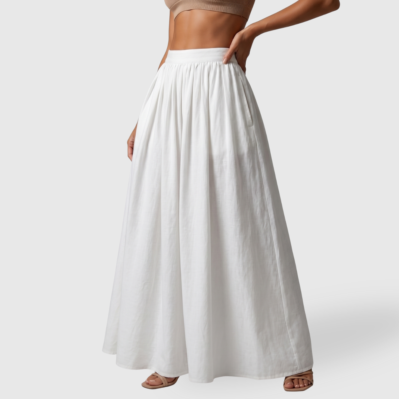Jupe longue femme en lin taille haute coupe fluide plissée
