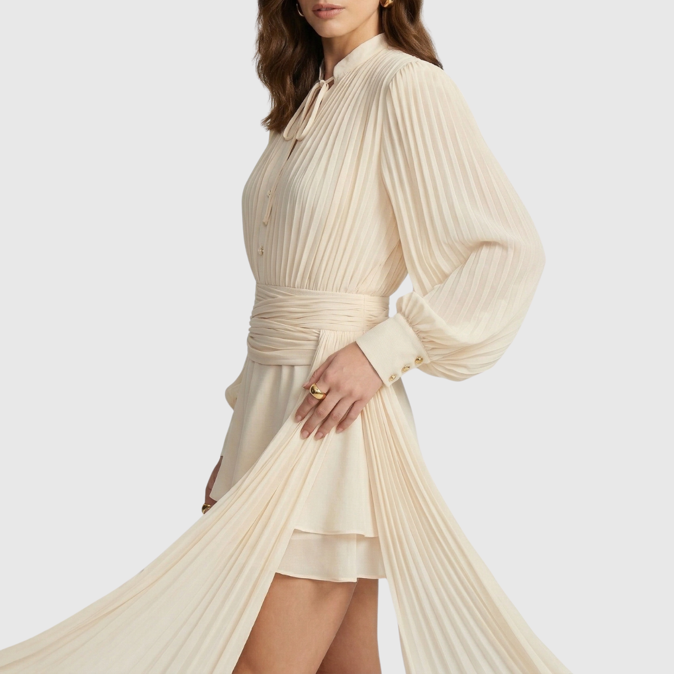 Robe courte femme drapée col asymétrique manches longues coupe ajustée soirée