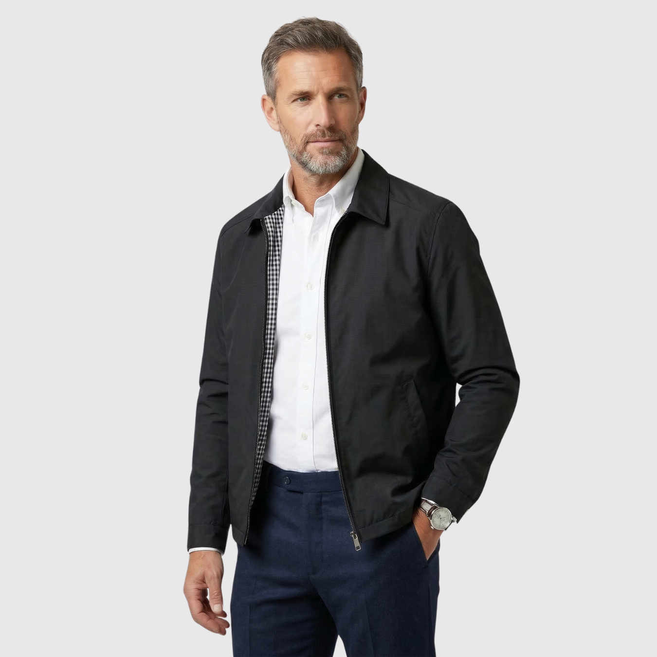 Veste homme mi-saison col montant fermeture zippée coupe ajustée casual business