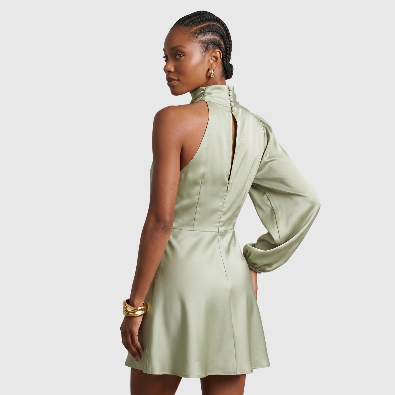 Robe satinée asymétrique femme une épaule manches longues courte
