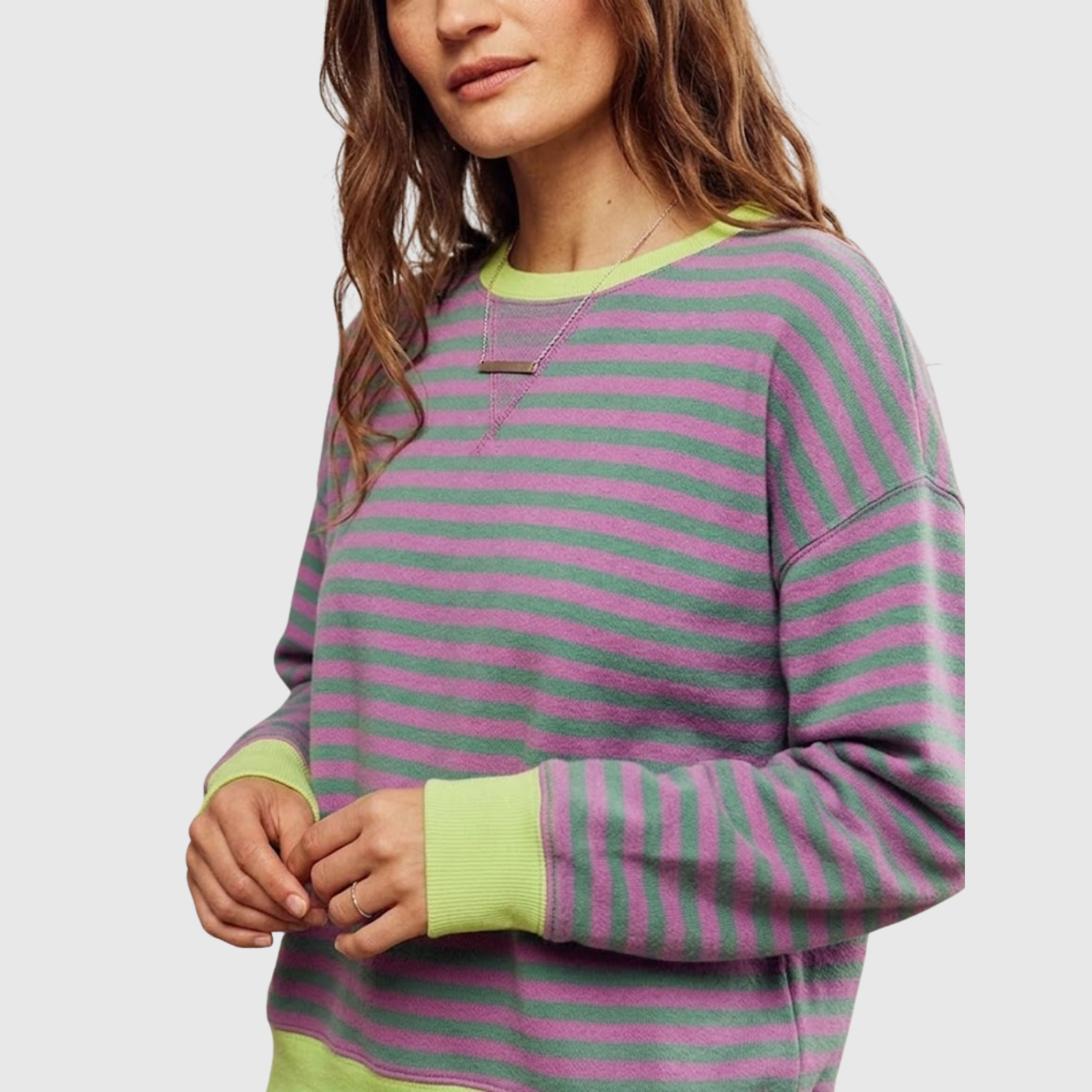 Sweat oversize femme rayé col rond manches longues coupe ample