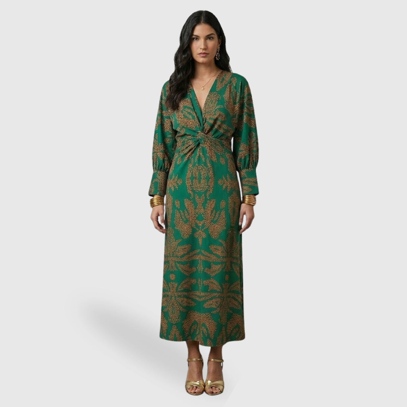 Robe longue femme coupe A col en V sans manches taille cintrée élégante